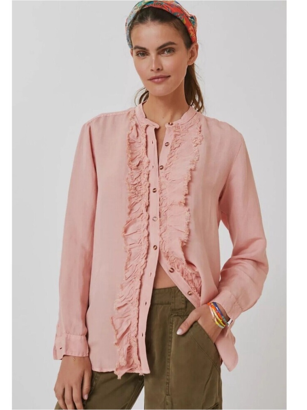ANTHRO Pilcro peachy pink ruffle placket button down shirt linen blend NEW NWT